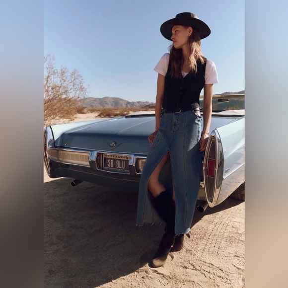 Denim Midi Maxi Skirt Buffalo Worn Indigo w/ Front Slit NWT Boho Casual Cowgirl - Picture 16 of 16